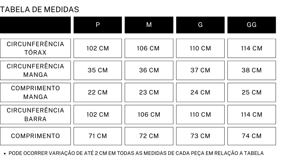 tabela medidas - camisa florida preta